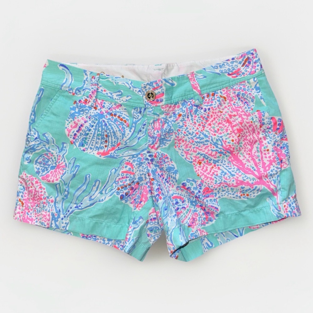 Lilly Pulitzer Aqua Pink Blue Coral-Print High-Waist Shorts